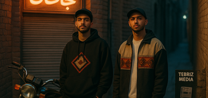 Dusk street photo in Tabriz of two young Azerbaijani rappers by a motorbike and