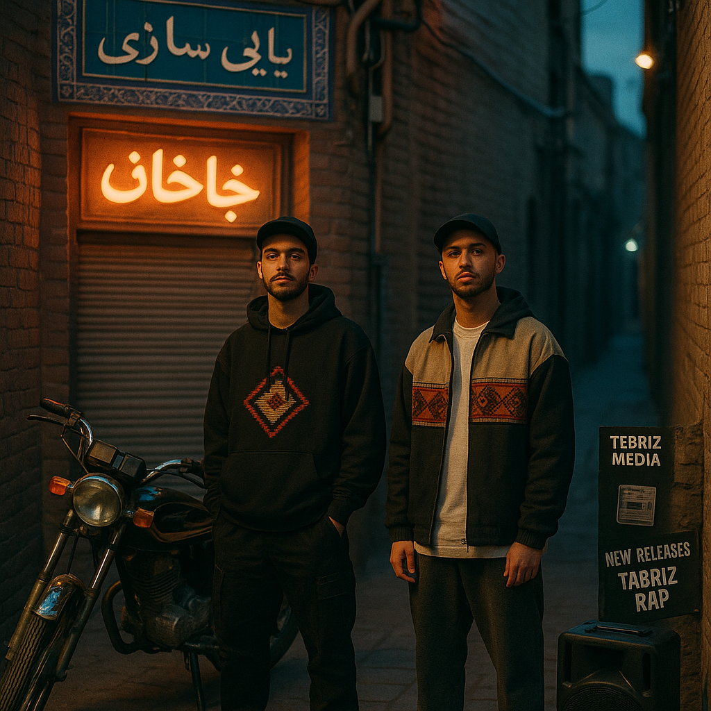 Dusk street photo in Tabriz of two young Azerbaijani rappers by a motorbike and